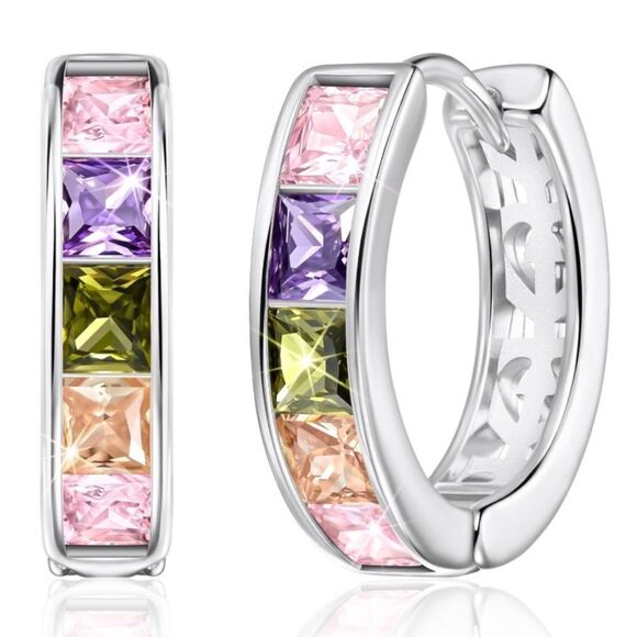 14K White Gold with Multicolored Cubic Zirconia Princess Cut Huggie Earrings - Picture 1 of 5
